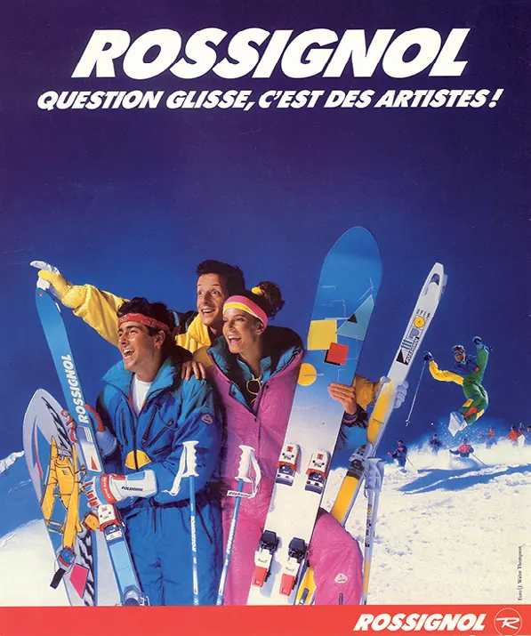 Rossignol-plakat fra 1990’erne med skiløbere og snowboard